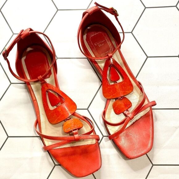 Christian Dior T-Strap Orange Coral Sandals SIZE 5 - Picture 2 of 10